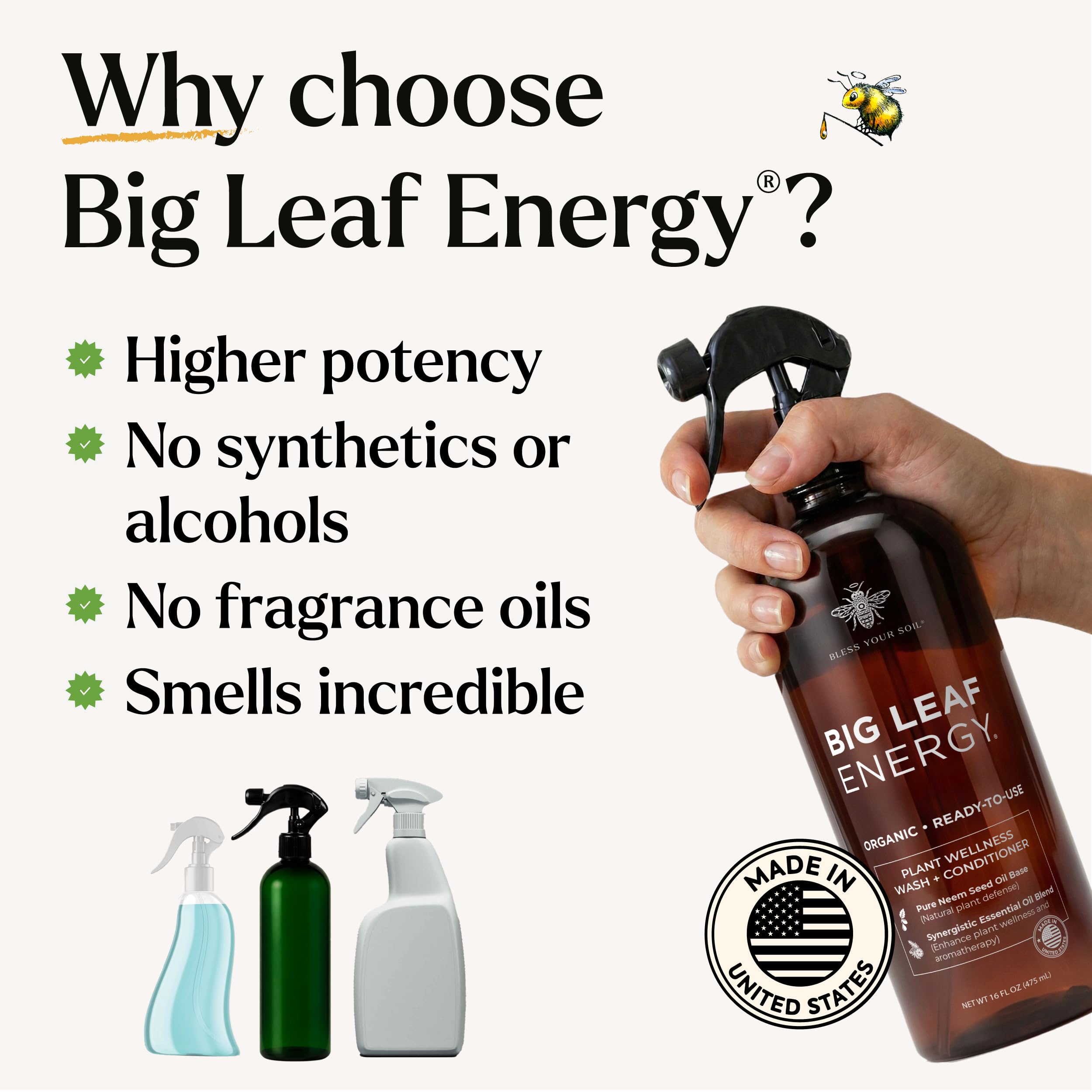 Bless Your Soil Neem Oil Spray on leaves showing natural leaf shine.