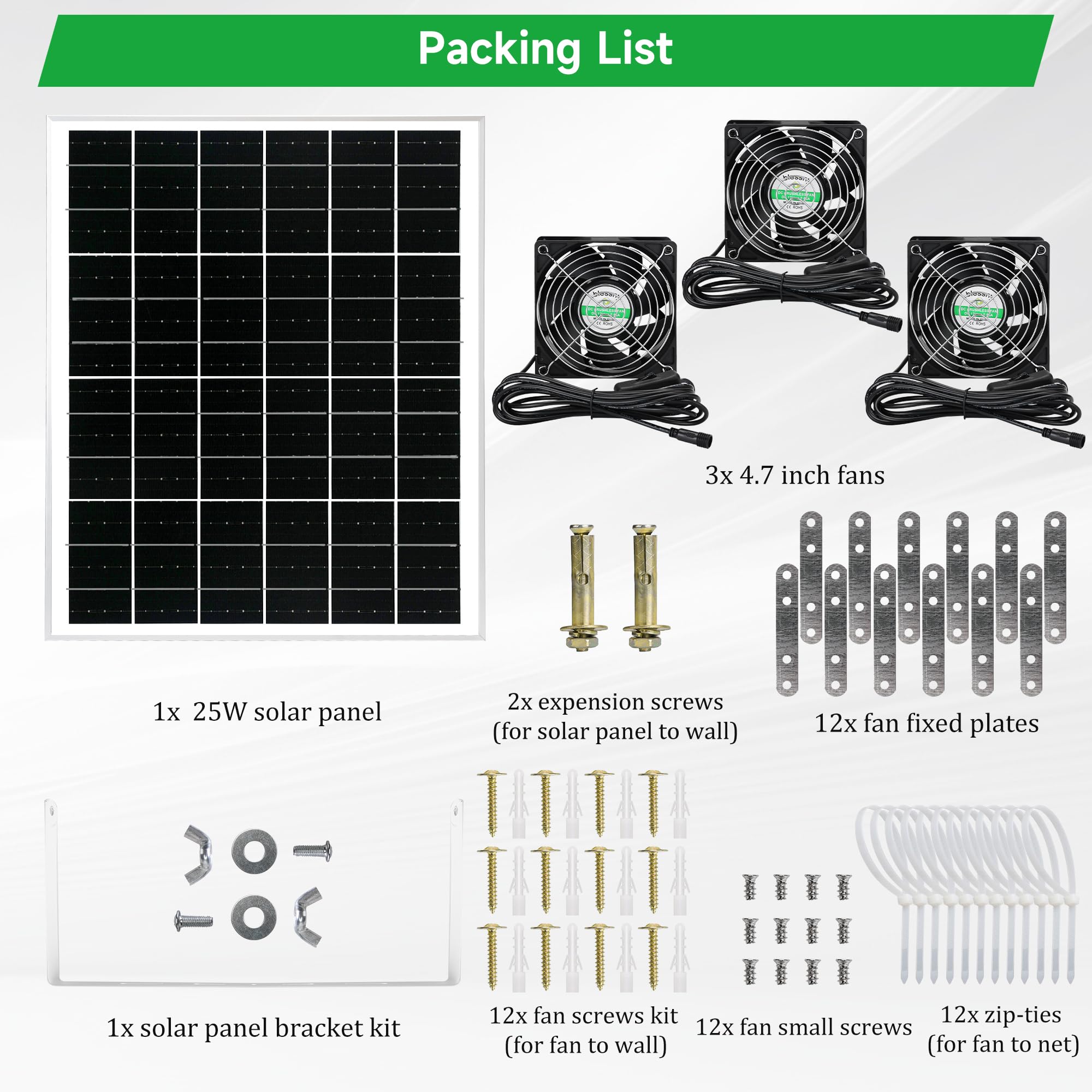 Blessny Solar 3 Fan Kit 15 foot cord for flexible placement