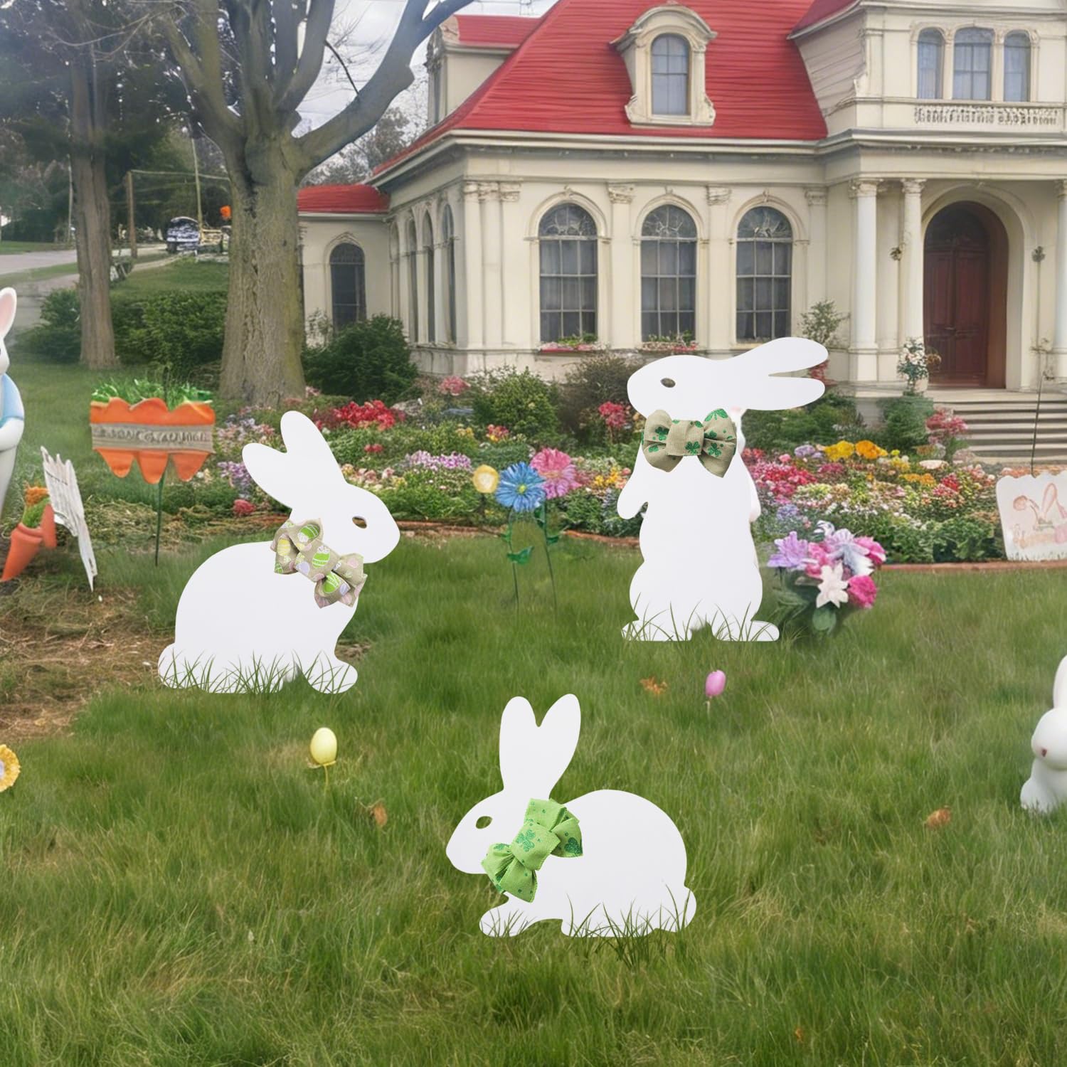 Blevla Easter Bunny yard sign in garden display for curb appeal.