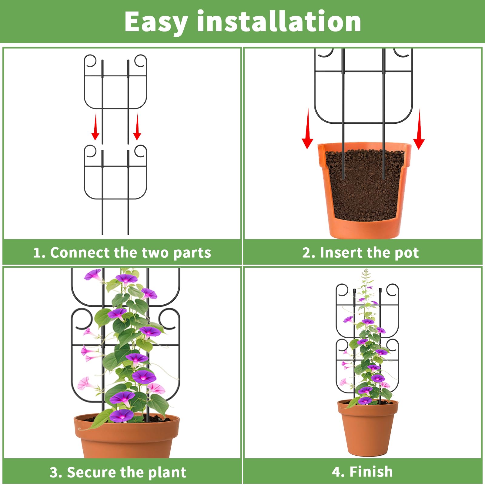 Blingluck trellis trains ivy and pothos to grow upward along a pot.