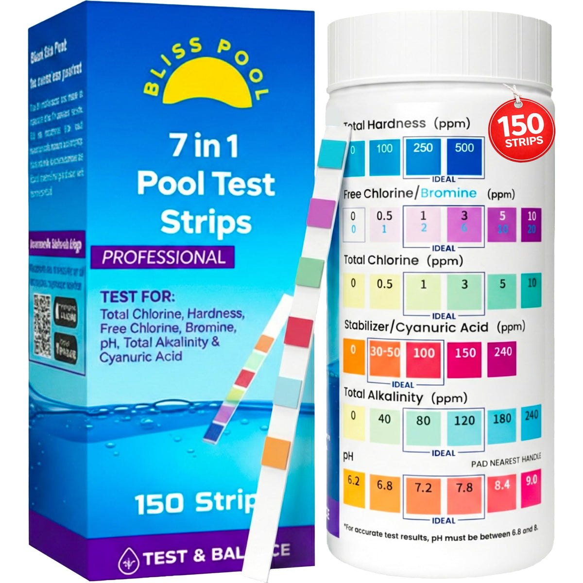 Bliss Pool 7-in-1 bottle with color chart for quick pool readings.