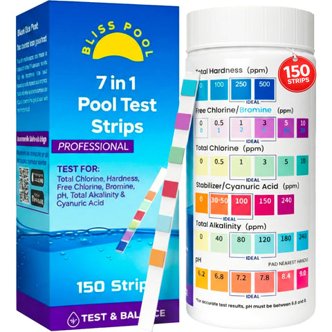 Bliss Pool 7-in-1 bottle with color chart for quick pool readings.