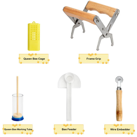 Blisstime bee brush, frame grip, and J-hook tool for safe handling.