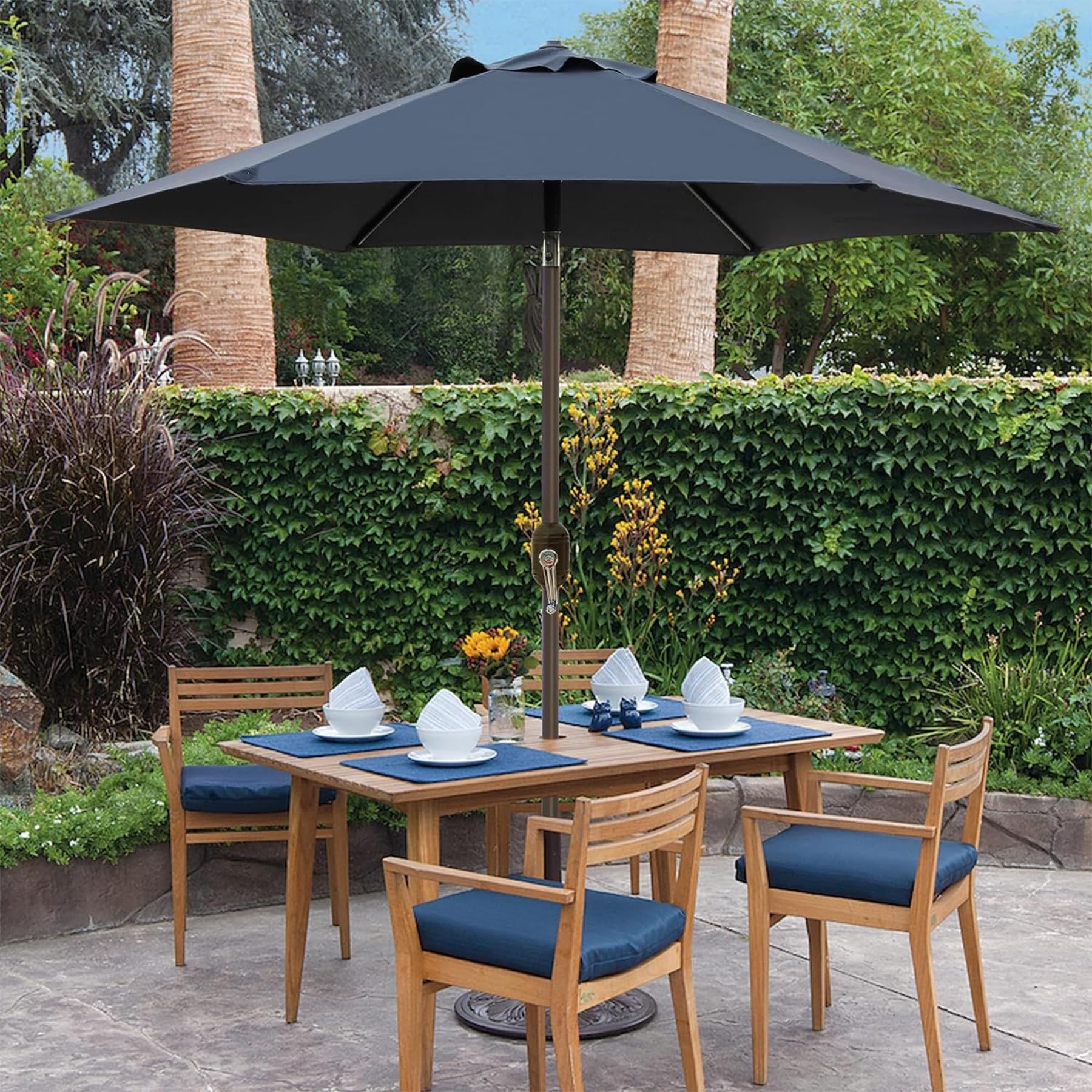 Blissun 6-rib design supports stable shade over seating.