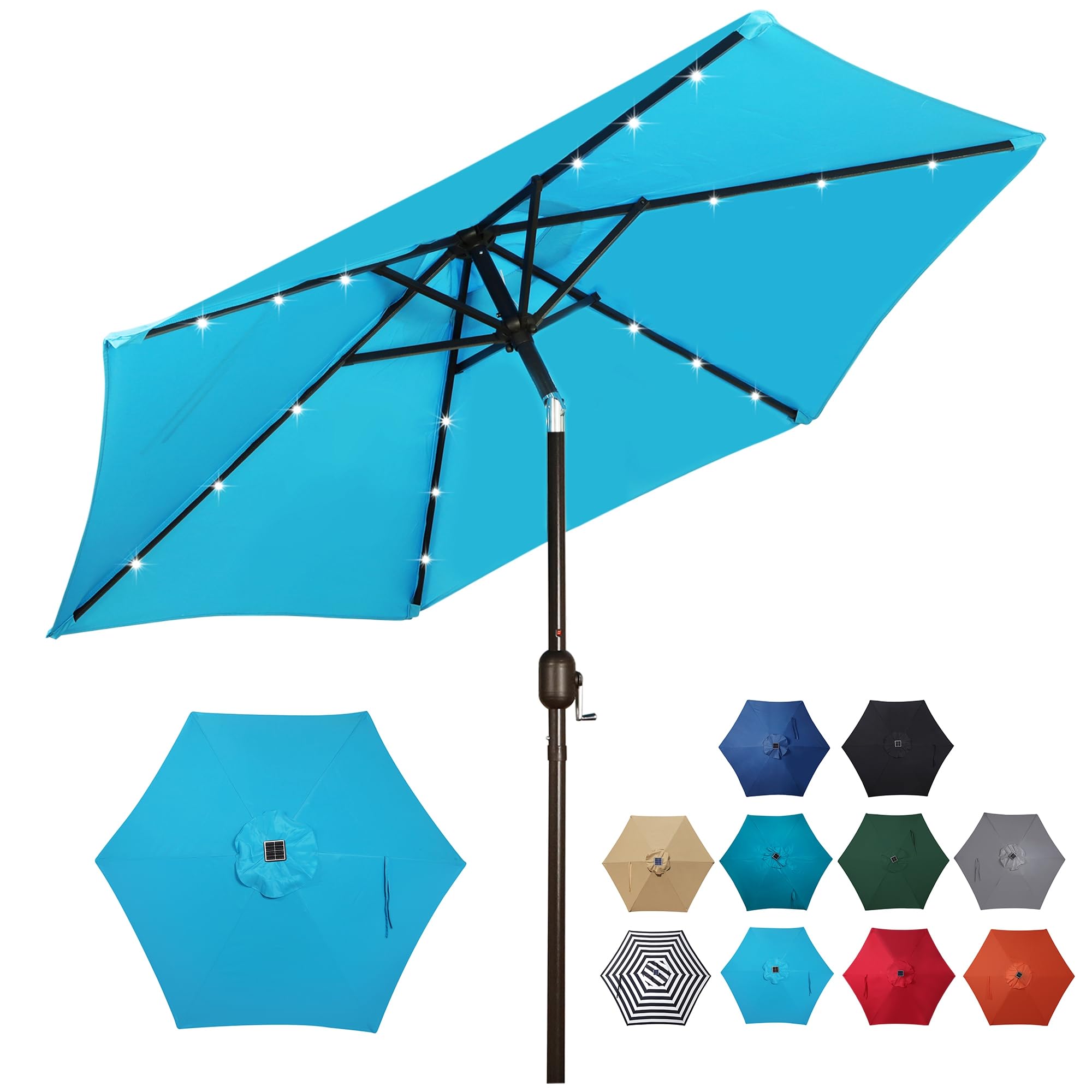 Blissun 7.5 ft solar umbrella with LED lights over outdoor dining.