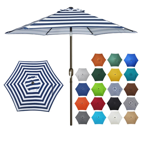 Blissun 7.5 ft patio umbrella with blue-white canopy providing stylish shade for outdoor spaces.