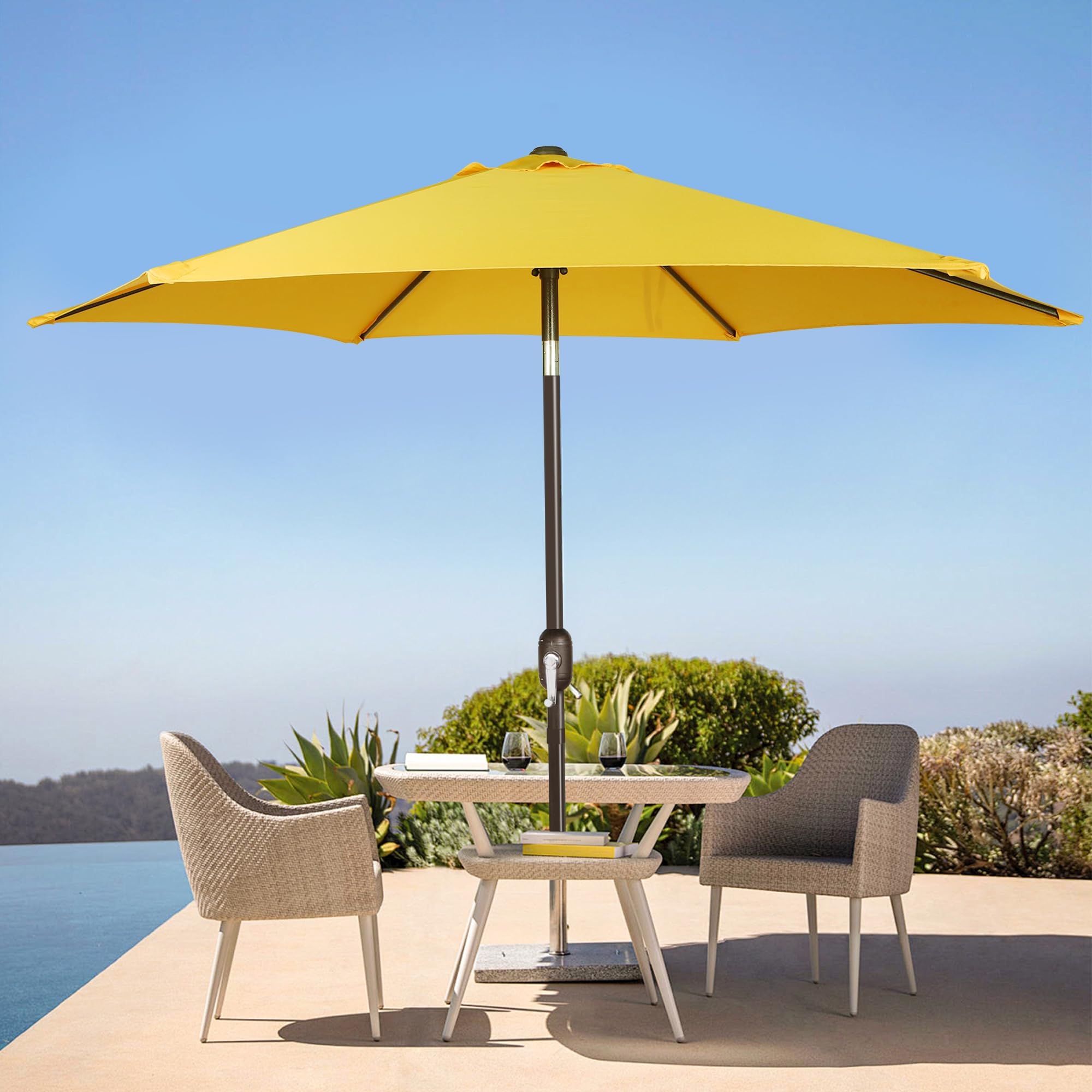 Blissun 7-5ft umbrella pairs with compact bases for easy setup.
