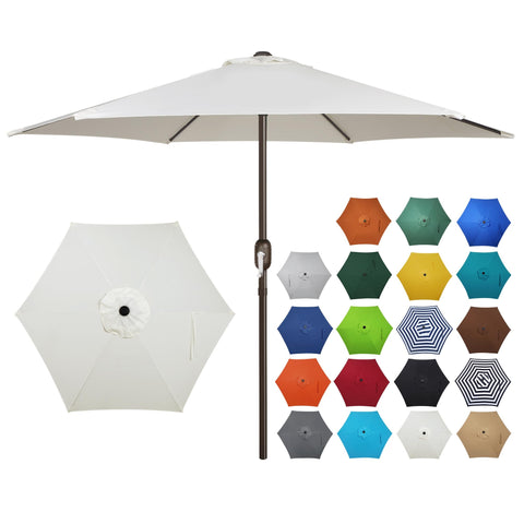 Blissun 7.5ft cream patio umbrella provides broad shade for outdoor dining.