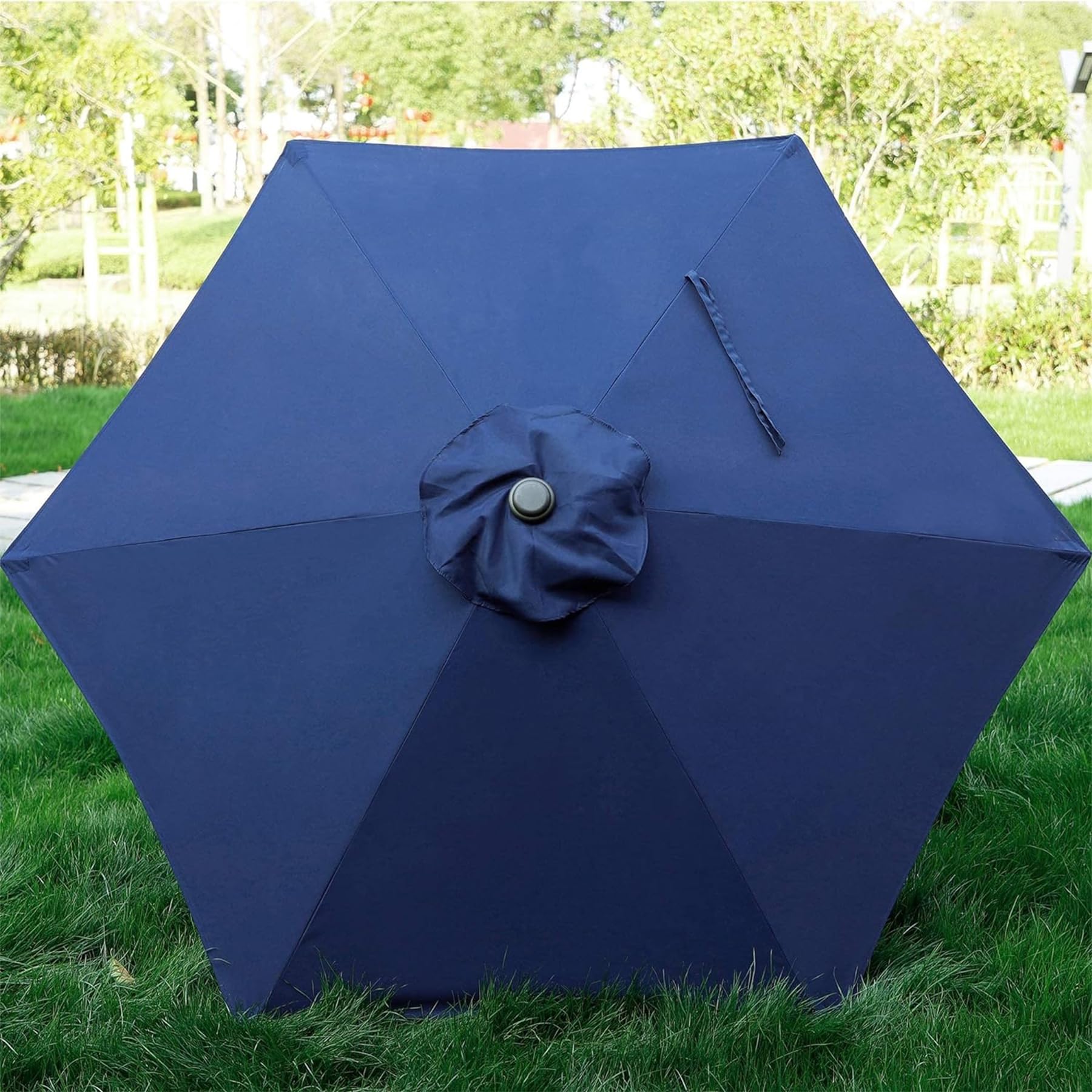 Navy blue Blissun fabric close-up highlighting waterproof and UV protection