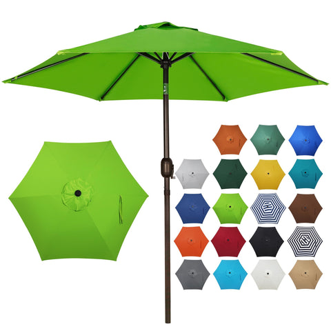 Blissun 7.5 ft patio umbrella open over outdoor dining area for shade.