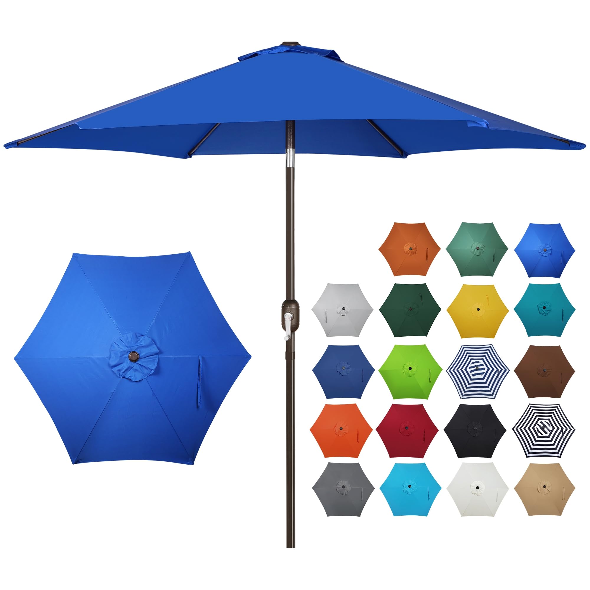 Blissun 7.5ft patio umbrella royal blue canopy offers broad shade for outdoor dining.