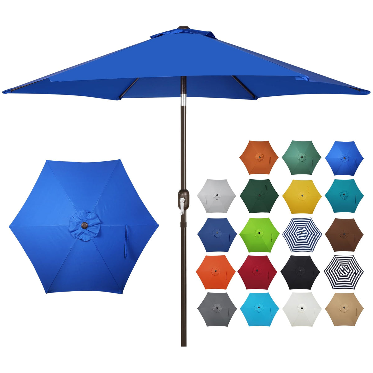 Blissun 7.5ft patio umbrella royal blue canopy offers broad shade for outdoor dining.