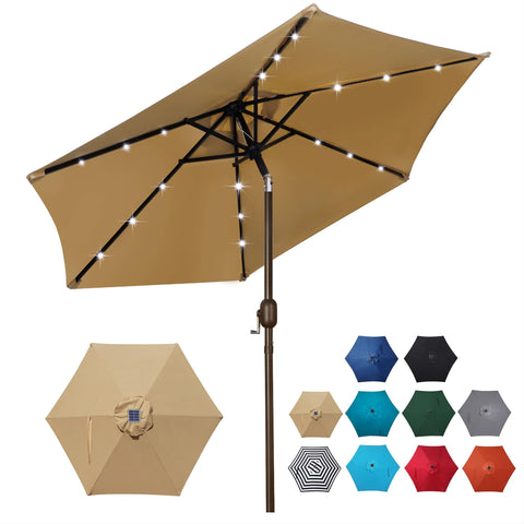 Blissun 7.5 ft solar LED patio umbrella lights up evening gatherings.