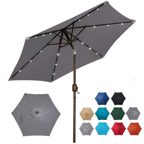 Blissun 7.5 ft solar umbrella canopy with integrated LED lights for evening gatherings.