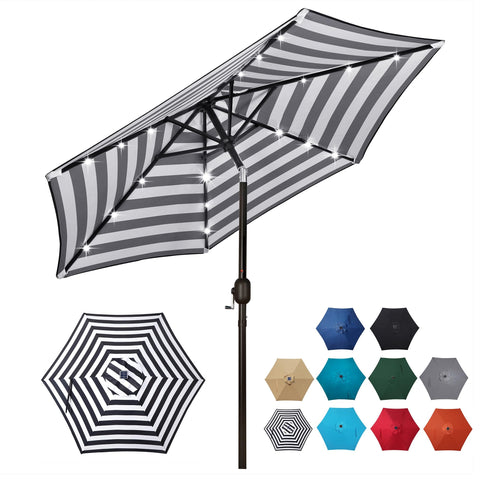 Blissun 7.5 ft solar umbrella lit by 18 LEDs for evening ambiance