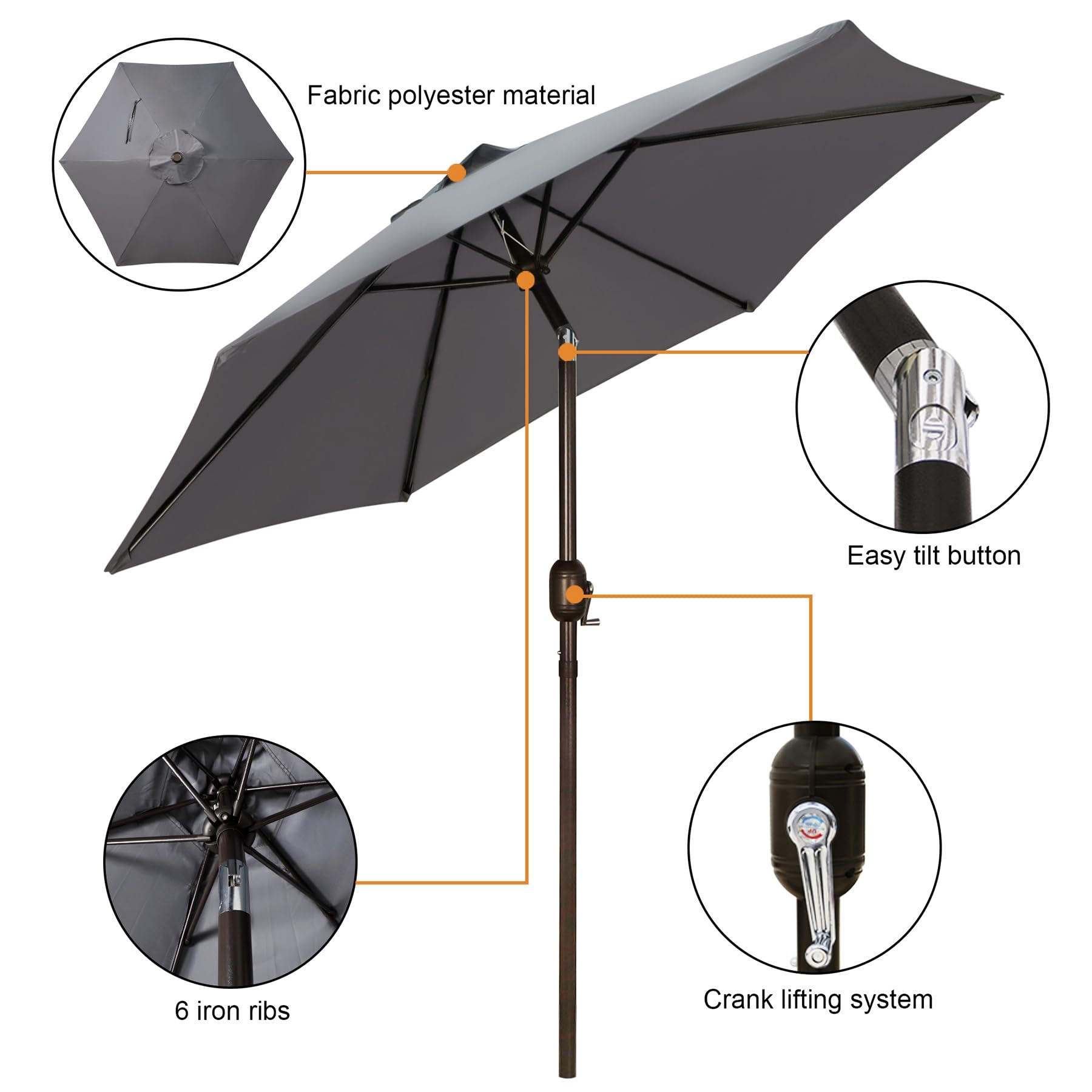 Blissun 7.5 ft umbrella side angle highlights sturdy frame and compact storage.