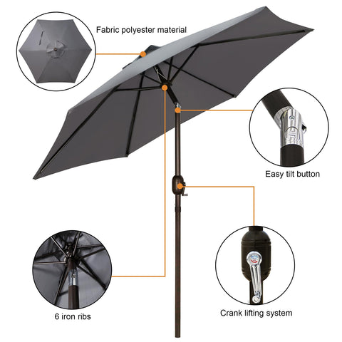 Blissun 7.5 ft umbrella side angle highlights sturdy frame and compact storage.