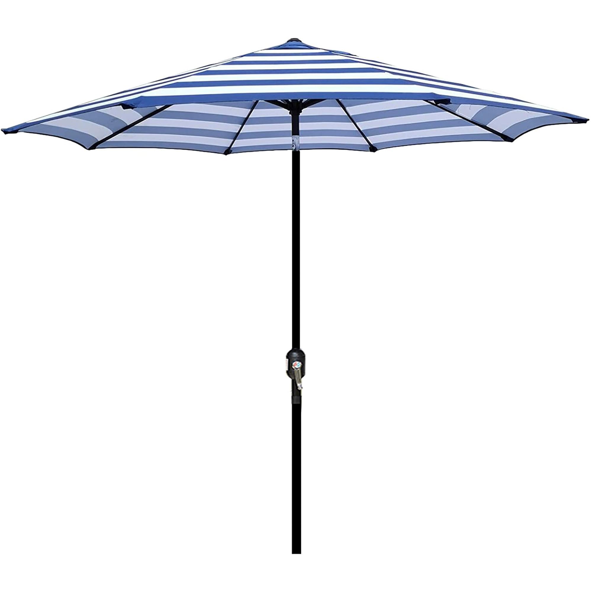Blissun 9ft umbrella in blue and white stripe offering ample patio shade.