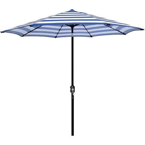 Blissun 9ft umbrella in blue and white stripe offering ample patio shade.