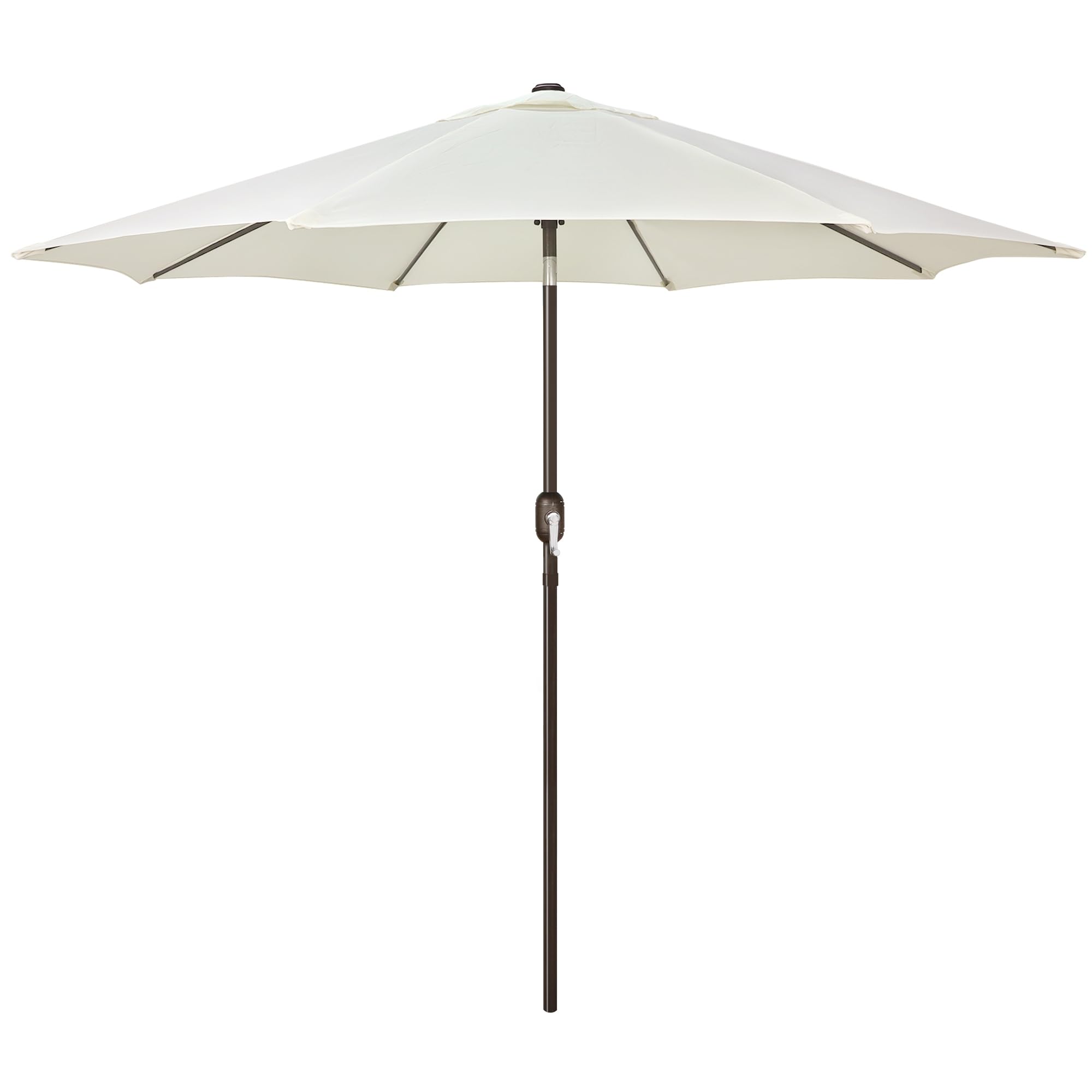 Blissun 9ft outdoor umbrella in creamy white fabric shading a sunny patio with seating.