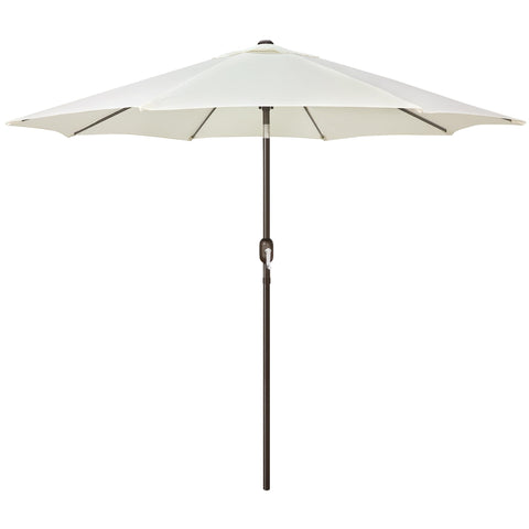 Blissun 9ft outdoor umbrella in creamy white fabric shading a sunny patio with seating.