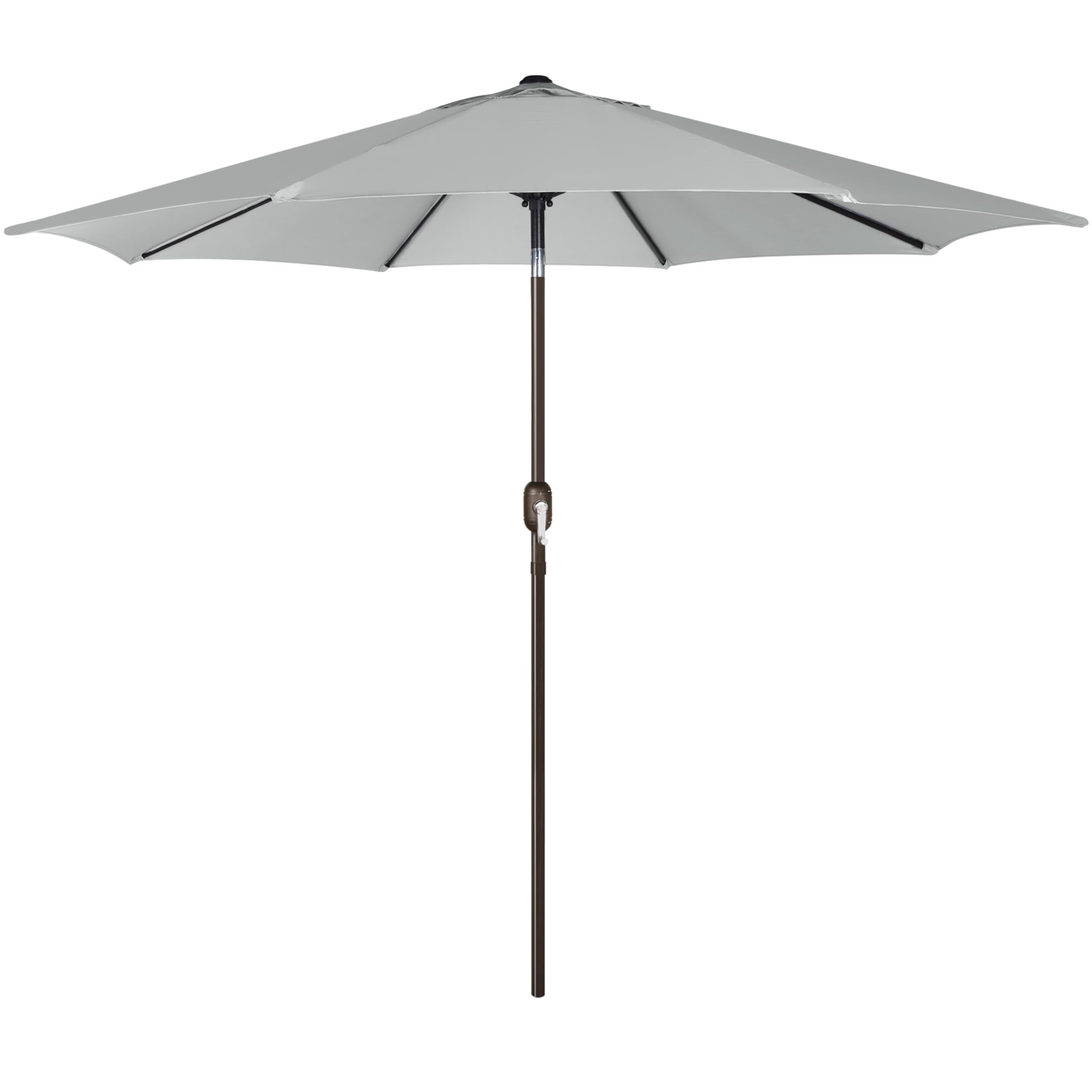 Blissun 9ft outdoor umbrella shading a backyard table in grey.