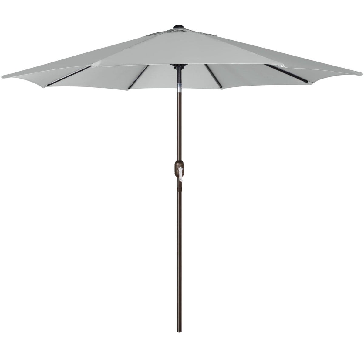 Blissun 9ft outdoor umbrella shading a backyard table in grey.