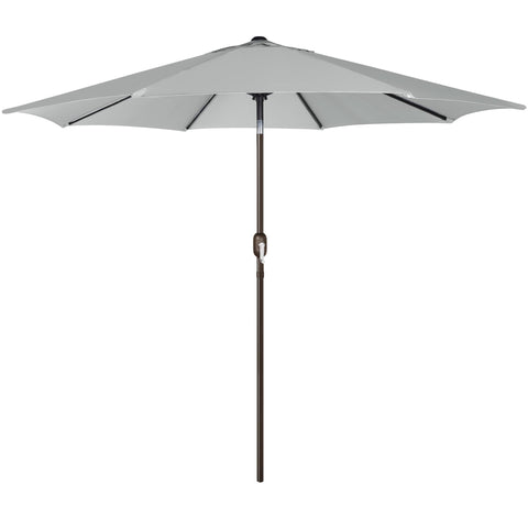 Blissun 9ft outdoor umbrella shading a backyard table in grey.