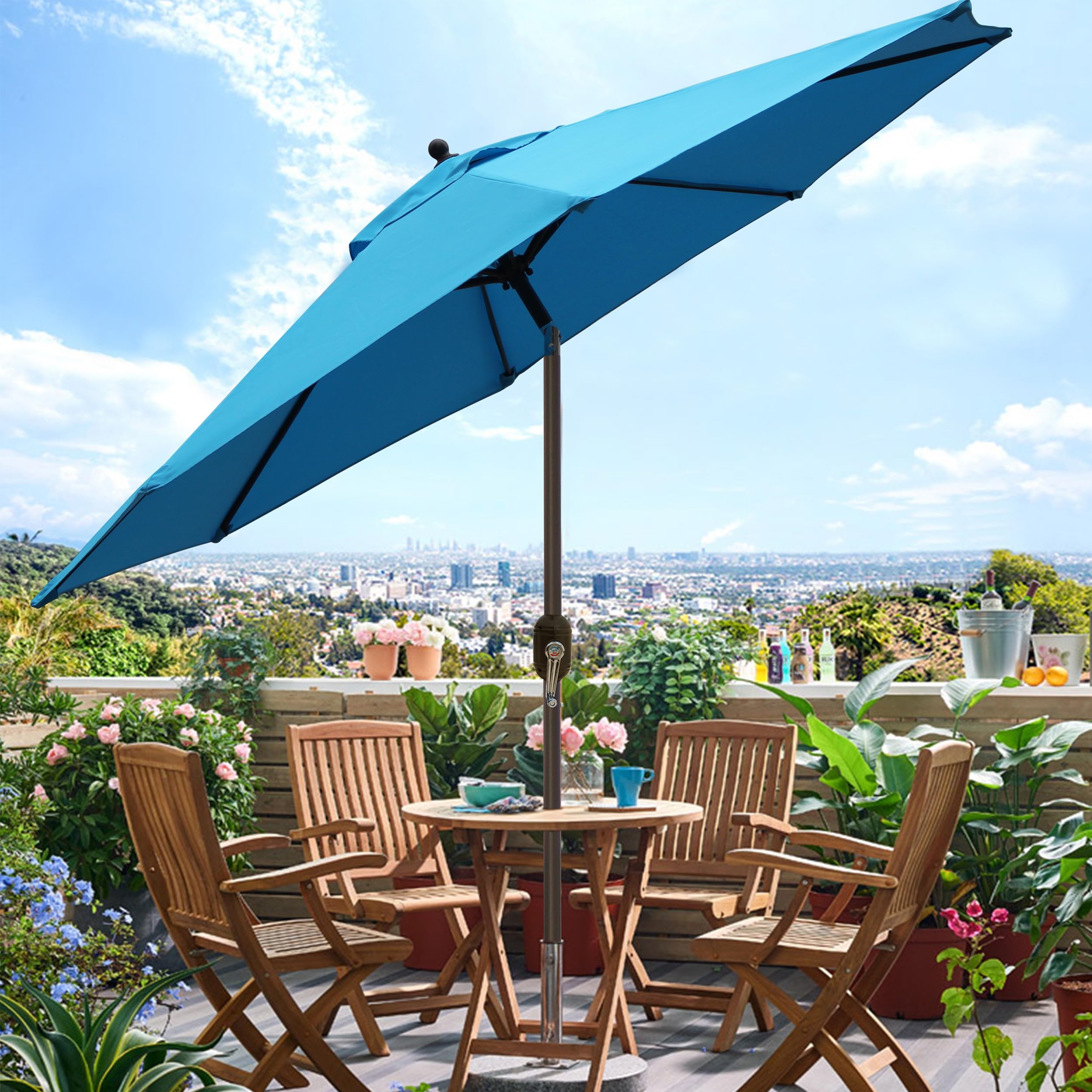 Blissun 9ft umbrella pole and frame details emphasize durable powder-coated construction