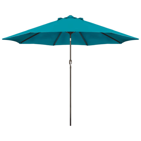 Blissun 9' cerulean patio umbrella opens over a sunny outdoor area for shade.