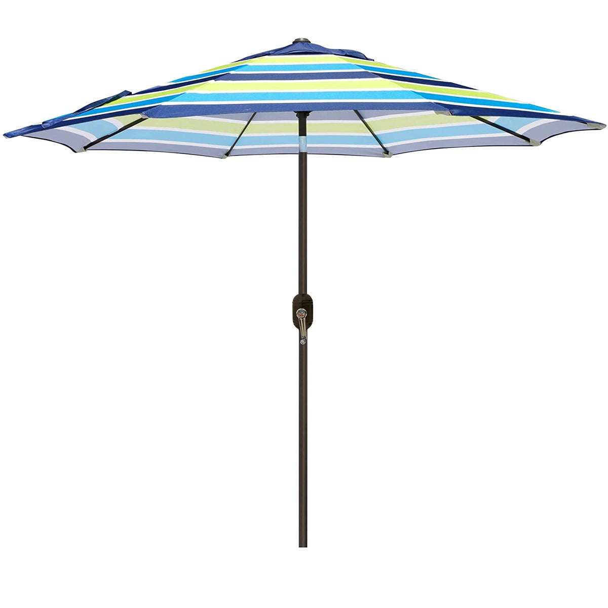 Blissun 9ft patio umbrella, blue and green striped canopy, provides broad shade for outdoor spaces.