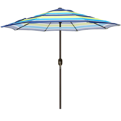 Blissun 9ft patio umbrella, blue and green striped canopy, provides broad shade for outdoor spaces.