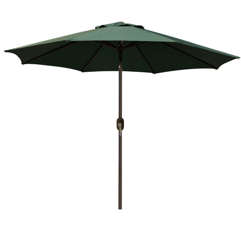 Blissun 9ft patio umbrella with dark-green fabric provides stylish shade for outdoor dining.