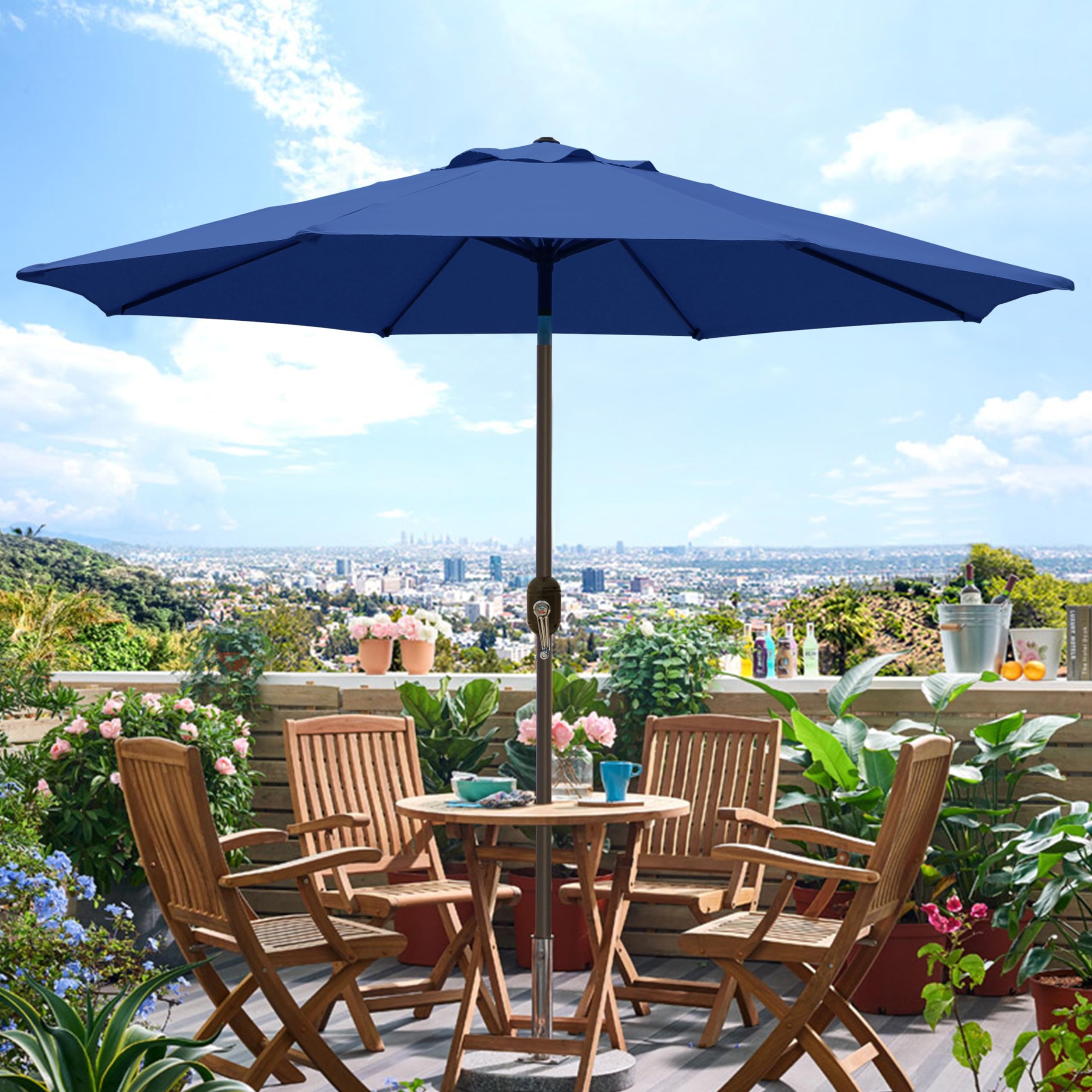 Blissun 9' umbrella frame detail highlighting durable materials and 8 ribs.