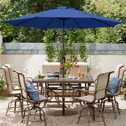 Blissun 9' umbrella shaded coverage over a 42-54 inch table for 4-6 seats.