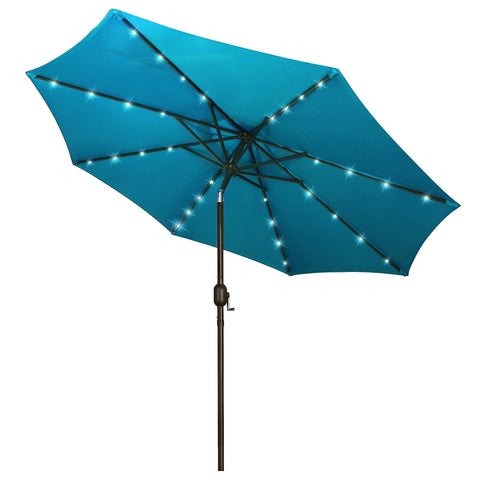 Blissun 9ft solar umbrella with LED lighting on ribs for ambient evenings.