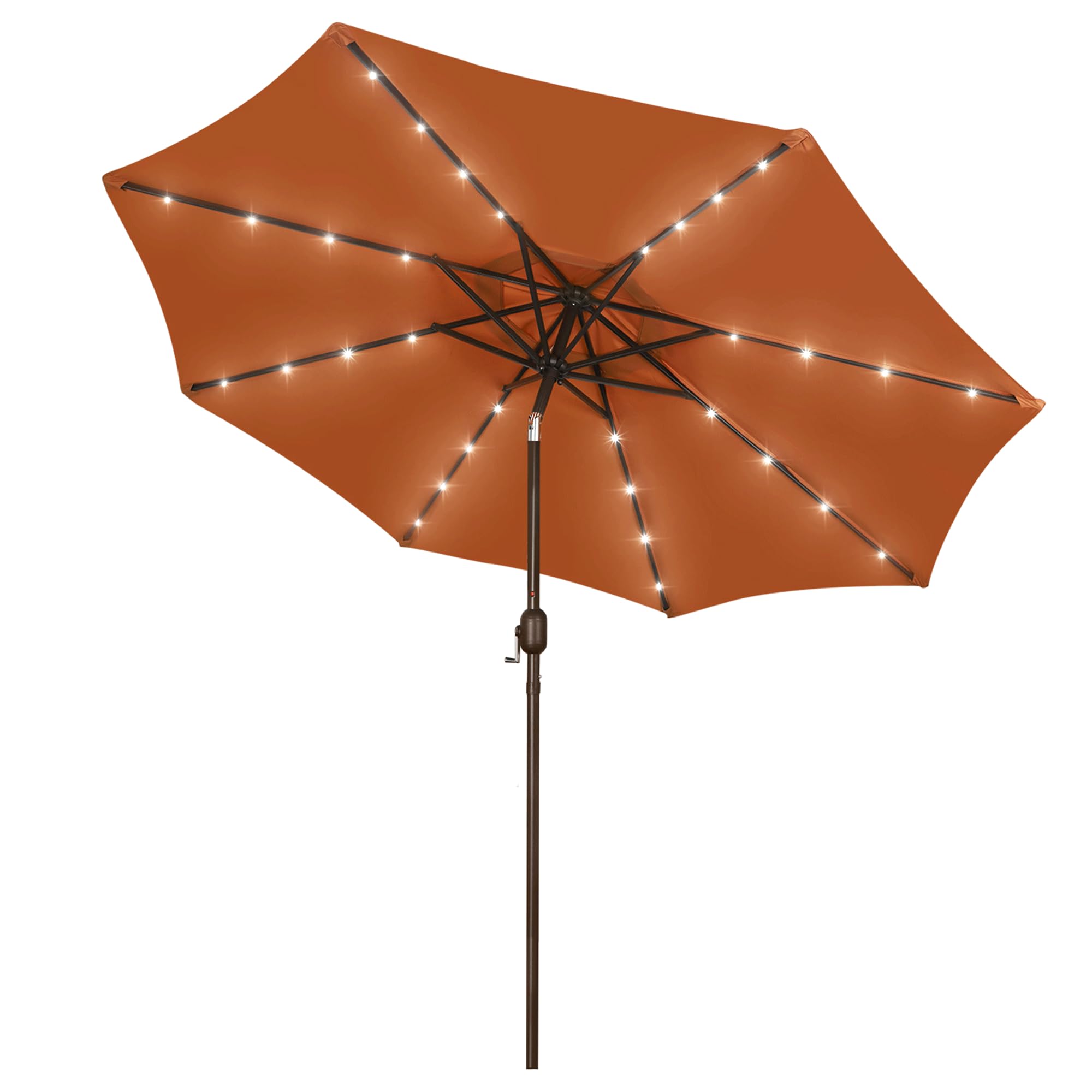 Blissun 9 ft solar umbrella with LED lights brightening a garden at dusk