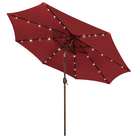 Blissun 9 ft solar umbrella with LED lights provides ambient outdoor lighting for evenings