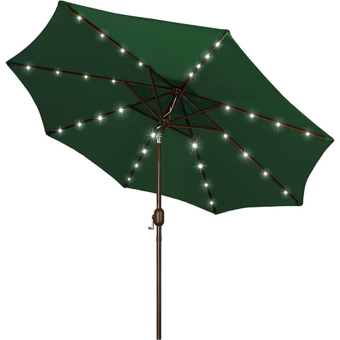 Blissun 9ft solar umbrella with LED ribs provides bright, energy-efficient lighting for outdoor evenings.