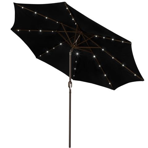 Blissun 9 ft solar umbrella on patio with integrated LED lighting.