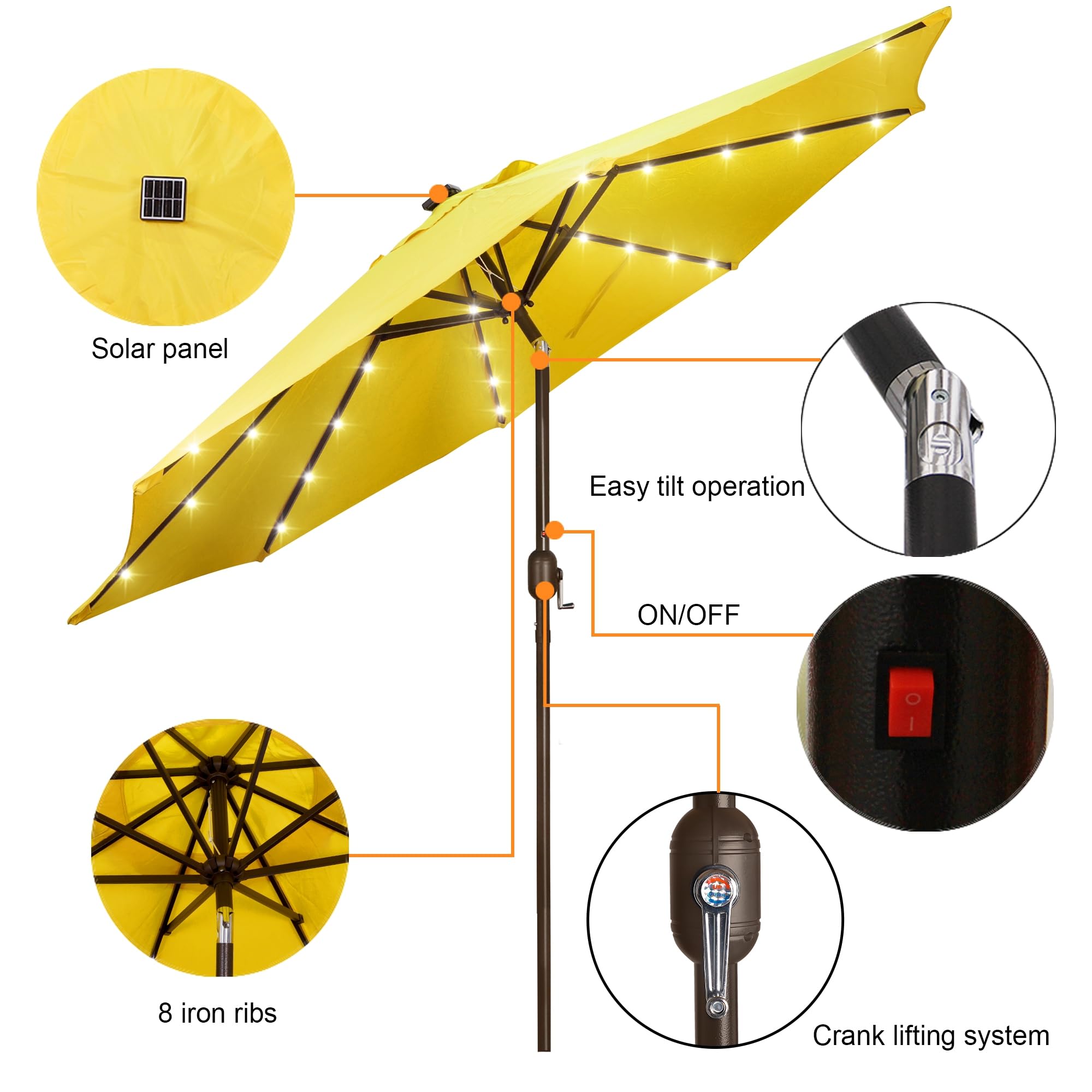 Blissun solar umbrella with LED ribs illustrating energy-efficient lighting at dusk