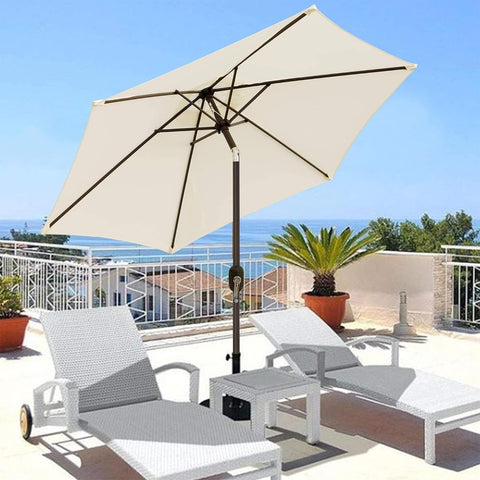 Blissun 7.5ft shade covers a small to mid-sized table setup.