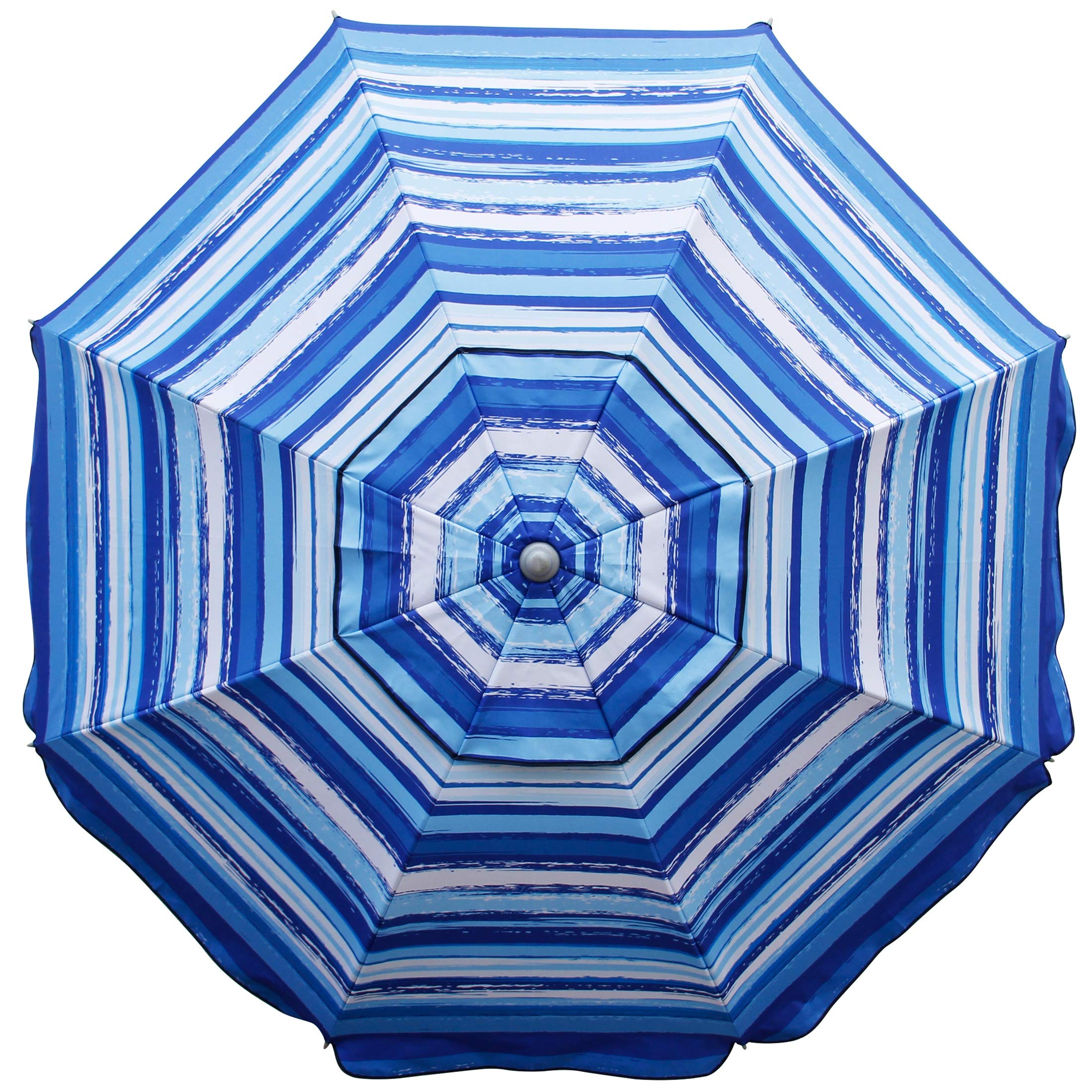 Blissun blue-white umbrella top view showing UV protection and wide shade area.