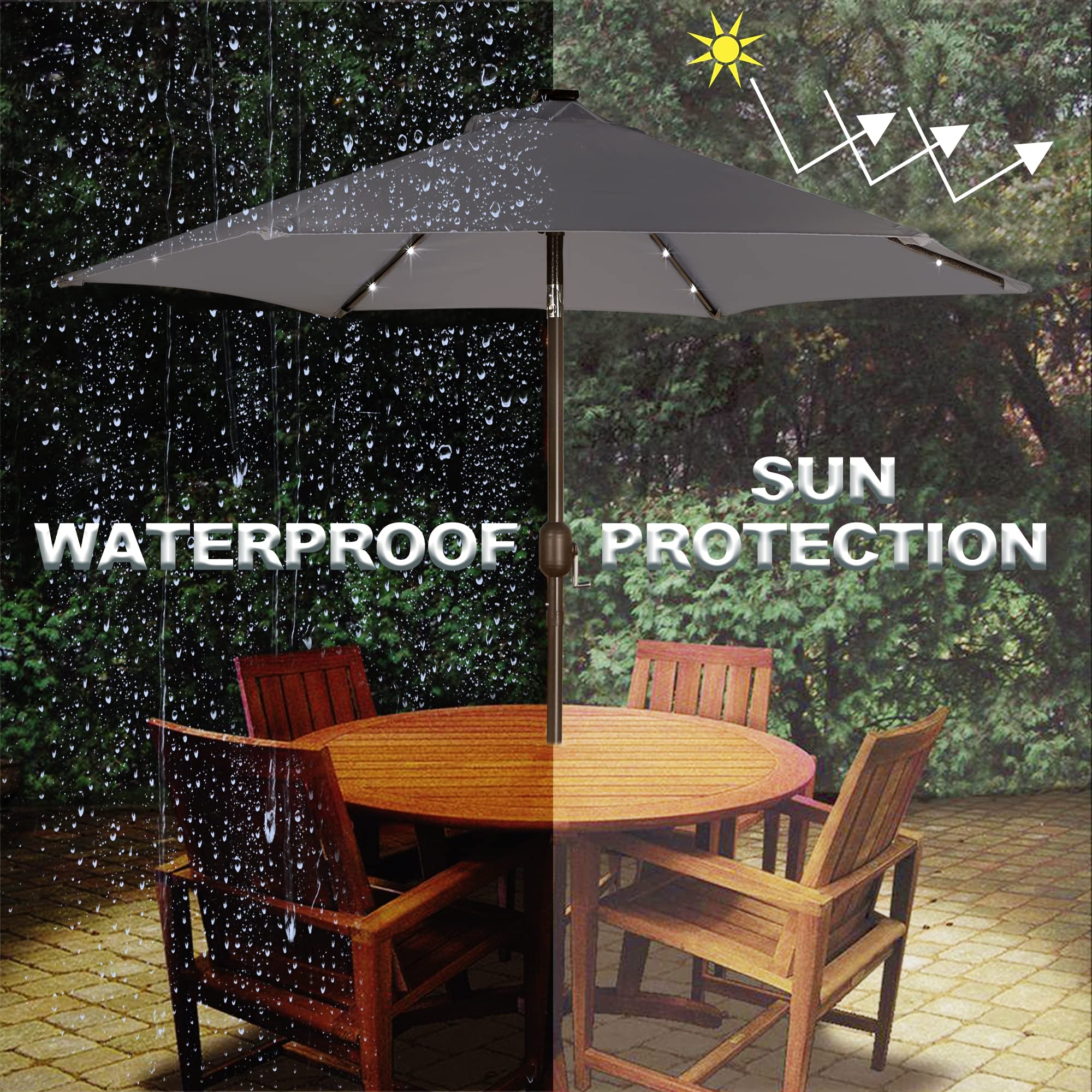 Blissun bronze aluminum pole and iron ribs providing sturdy outdoor support.