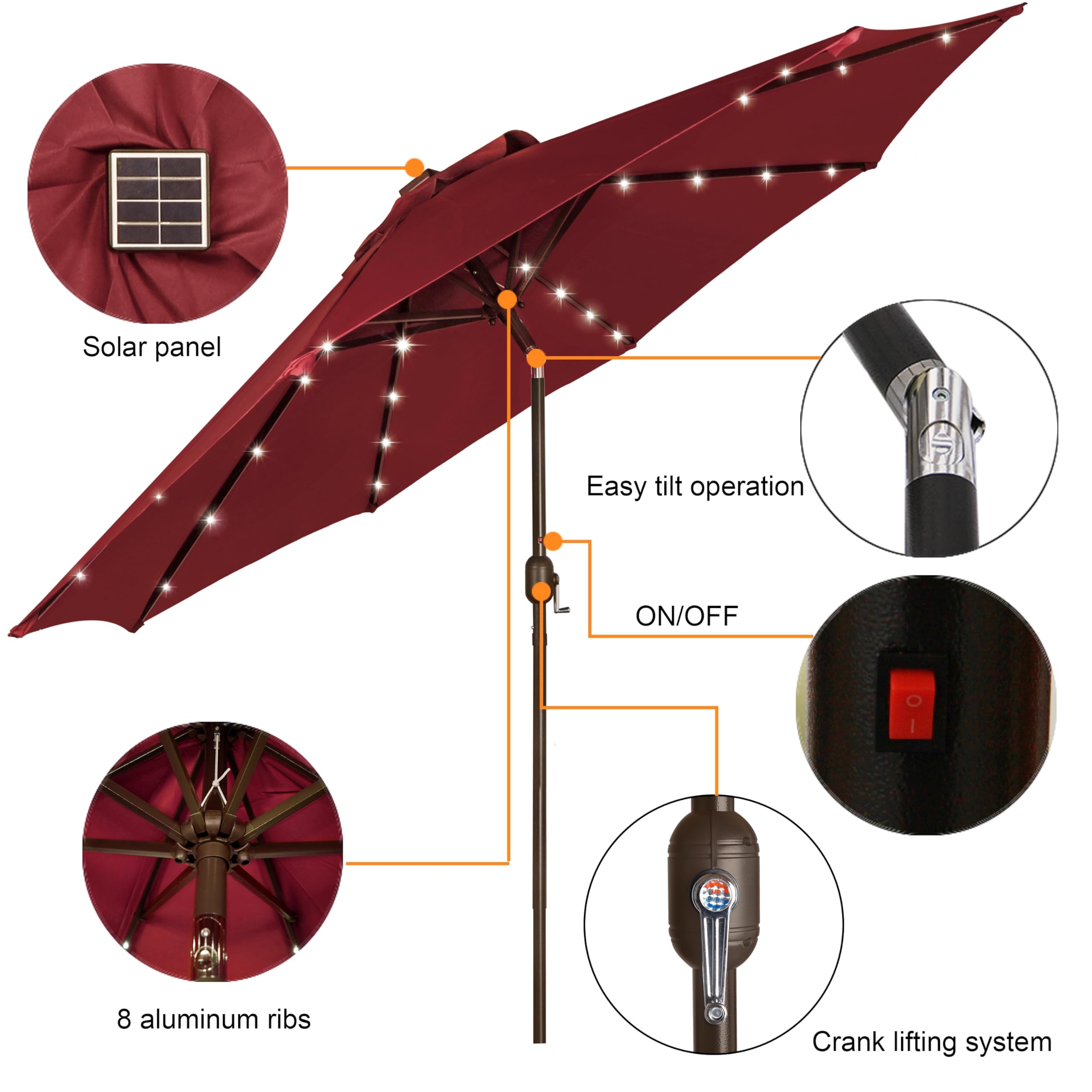 Blissun burgundy patio umbrella with 32 LEDs brightens gatherings all night