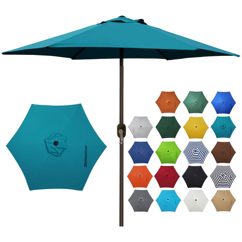 Blissun cerulean 7.5 ft patio umbrella open shading a table for a cozy outdoor meal