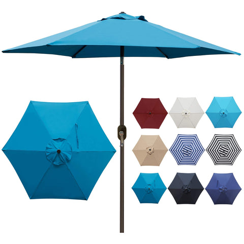 Blissun cerulean 7.5 ft shade over a 2-4 seat outdoor dining setup
