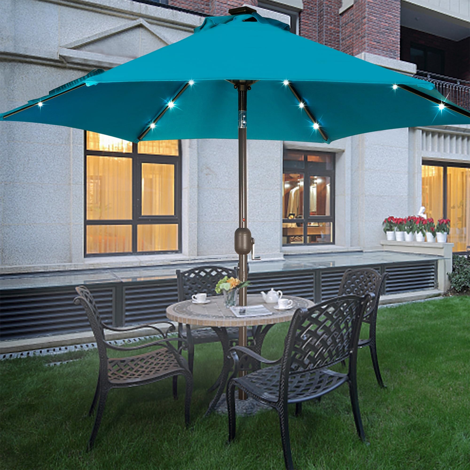 Blissun cerulean umbrella night illumination for after-dark use.