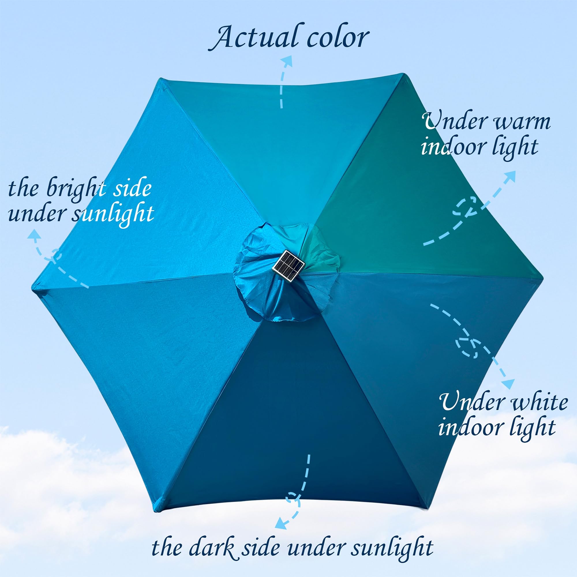 Blissun cerulean umbrella open with lights for evening gatherings.