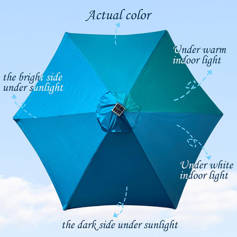Blissun cerulean umbrella open with lights for evening gatherings.
